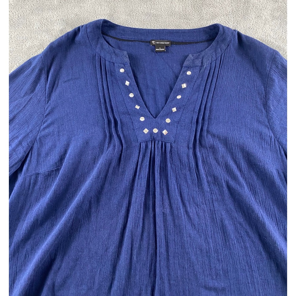 New Directions Navy Blue Embroidered Studded Peasant Blouse Top Womens Large L - Picture 2 of 13